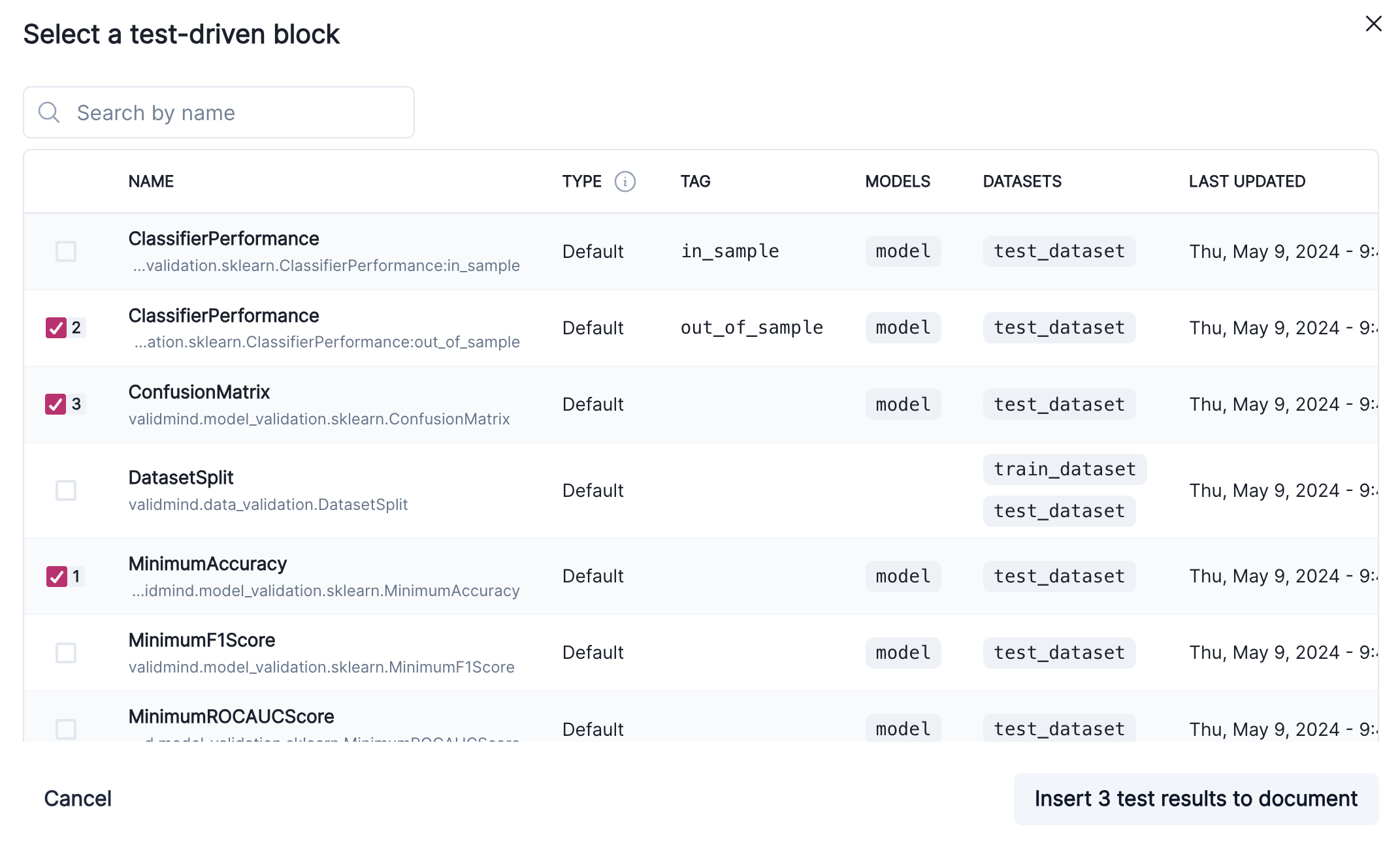 A screenshot showing several test-driven blocks that have been selected for insertion into the model documentation