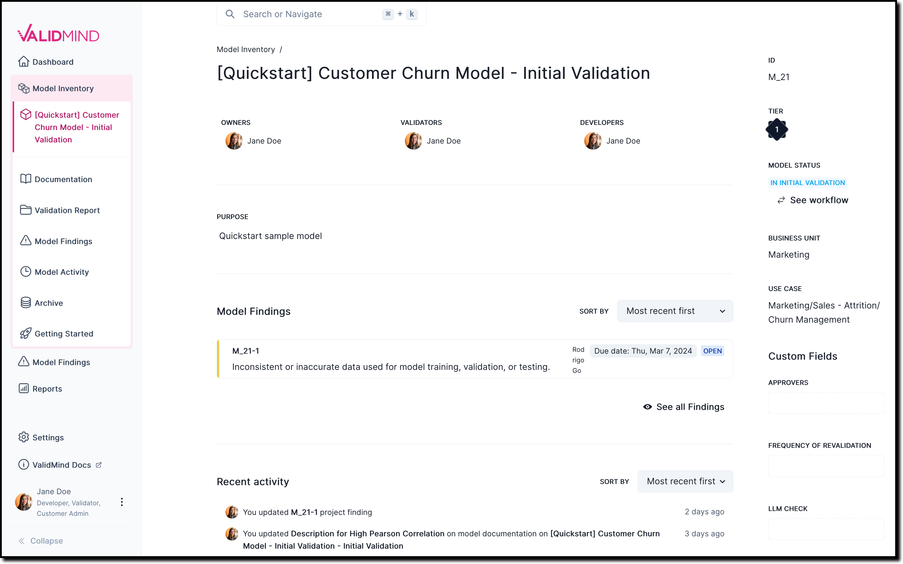 An image showing the main page for the QuickStart Customer Churn Model