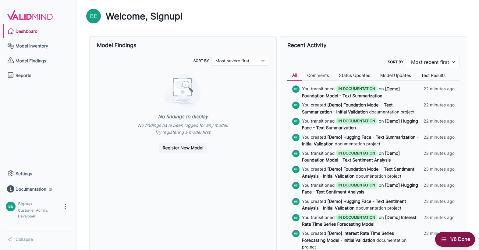 Screenshot of the main ValidMind dashboard