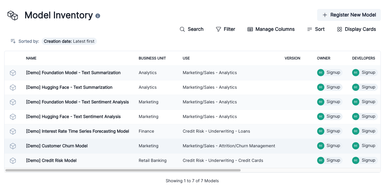 Screenshot of the sample models populated by ValidMind