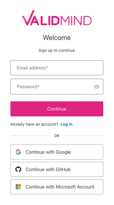 Screenshot of the Validmind signup welcome screen