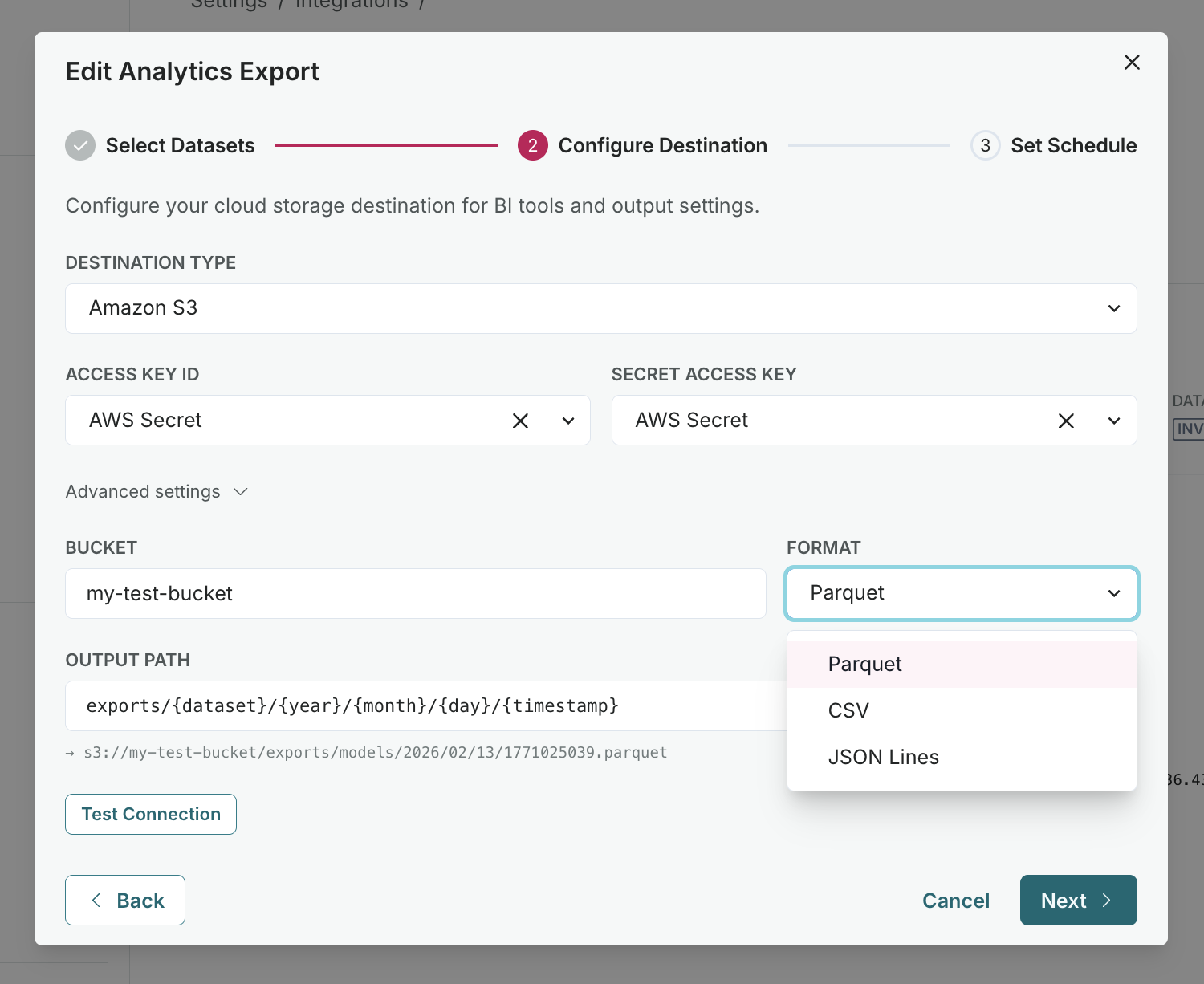 Create Analytics Export modal showing Configure Destination step with cloud storage and output settings.