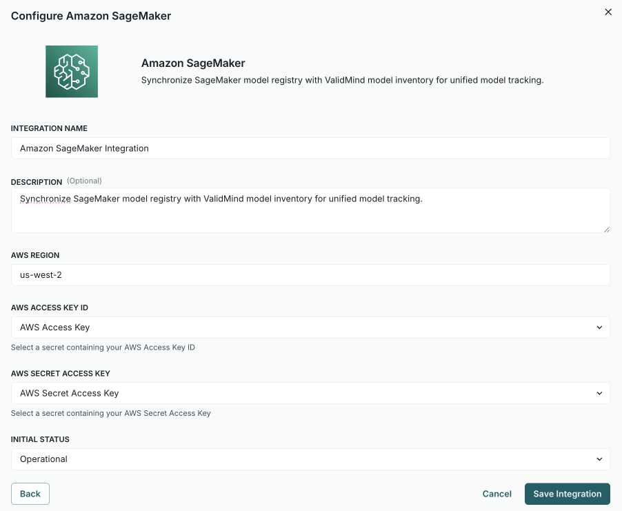 Screenshot of the AWS Sagemaker connection configured to synchronize models, showing the required fields described in step 5.