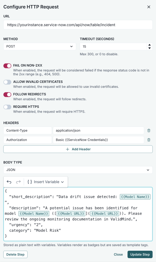 Screenshot of the HTTP request step configured to create a ServiceNow incident, showing the required fields described in step 4.