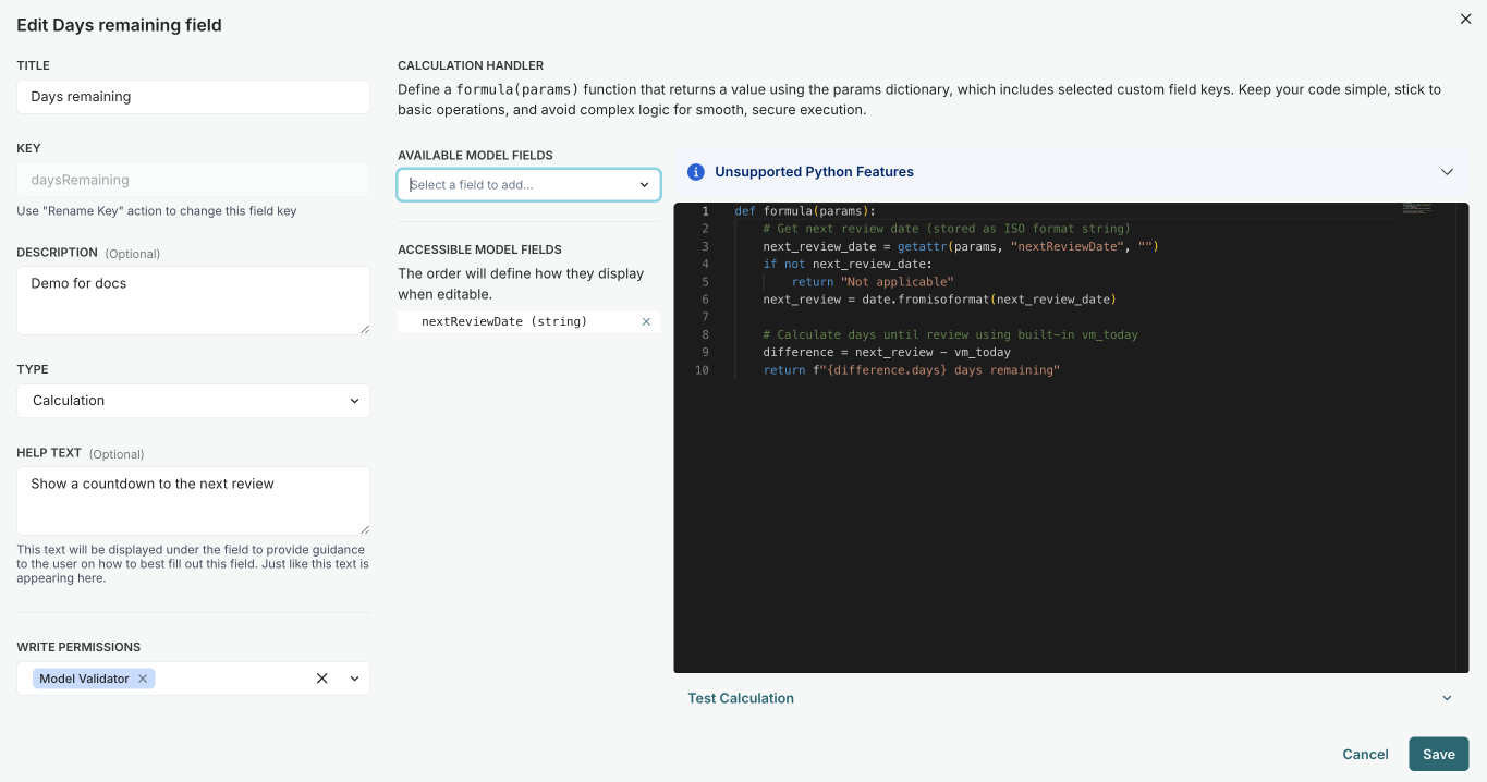 A screenshot showing the screen for adding a calculation type field that automatically calculates the days remaining until the next review