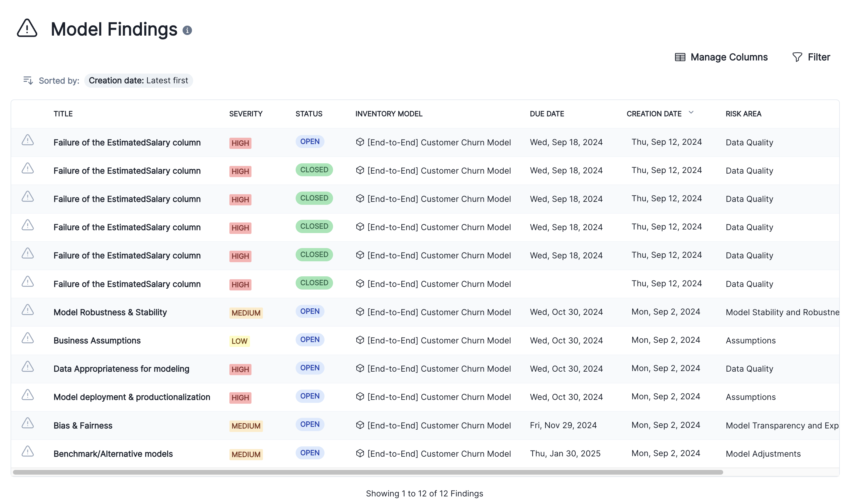 A screenshot showing a list of findings across all models