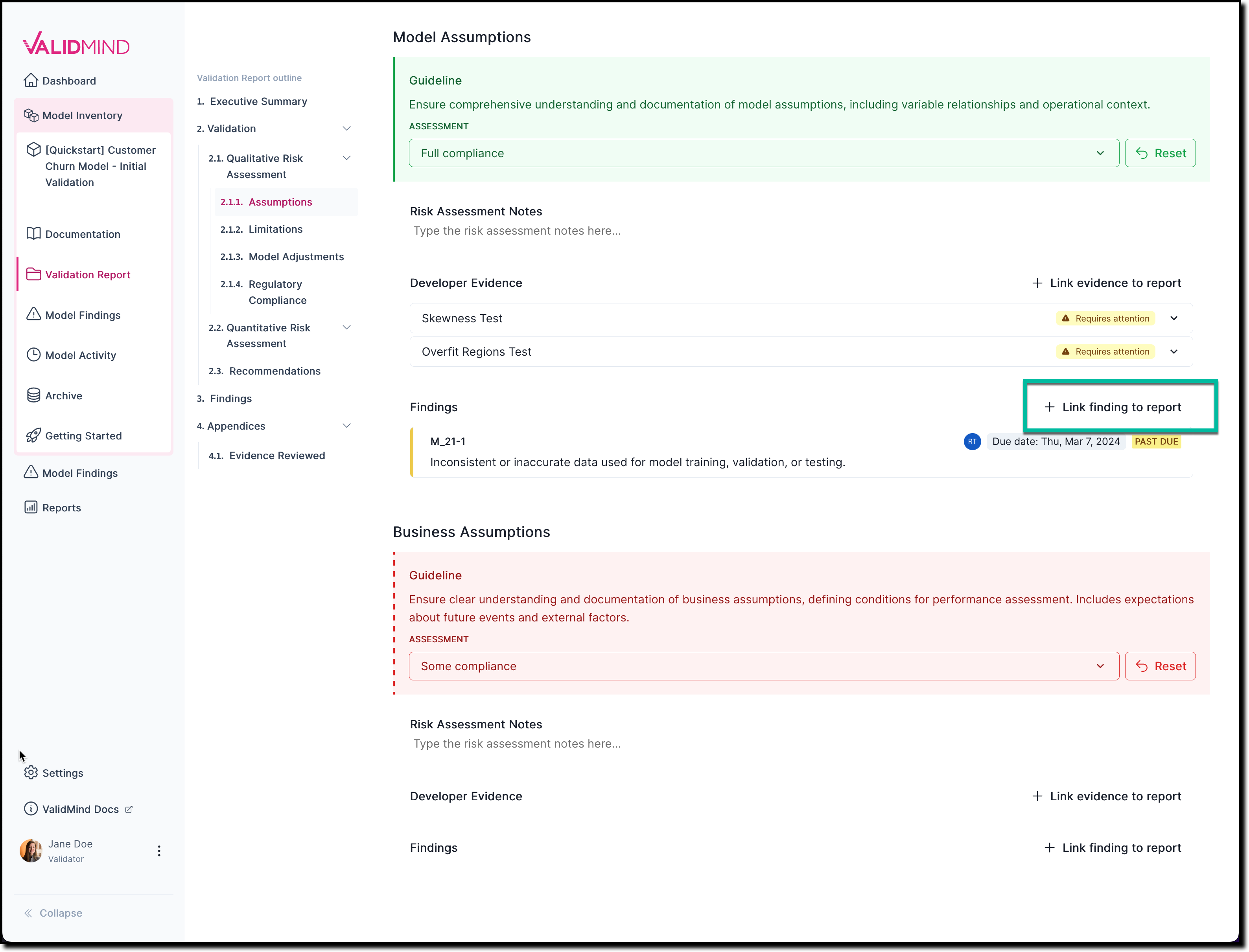 A screenshot of the validation report section 2.1.1. that shows a compliance assessment with the option to link to finding