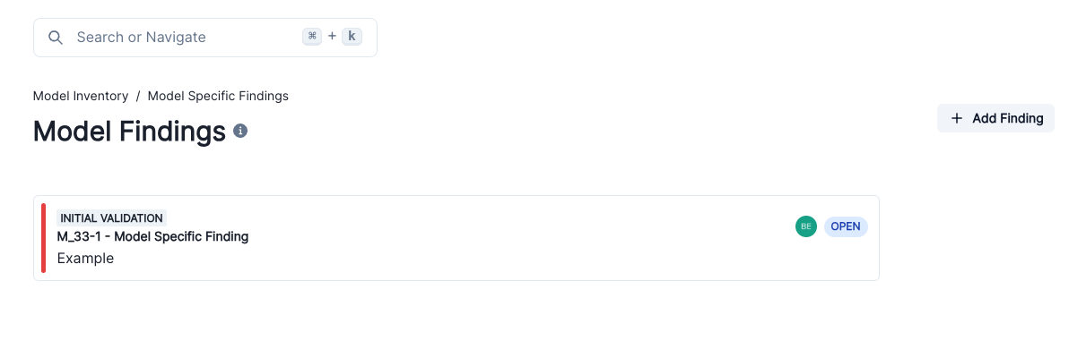 A screenshot showing a list of findings specific to a model