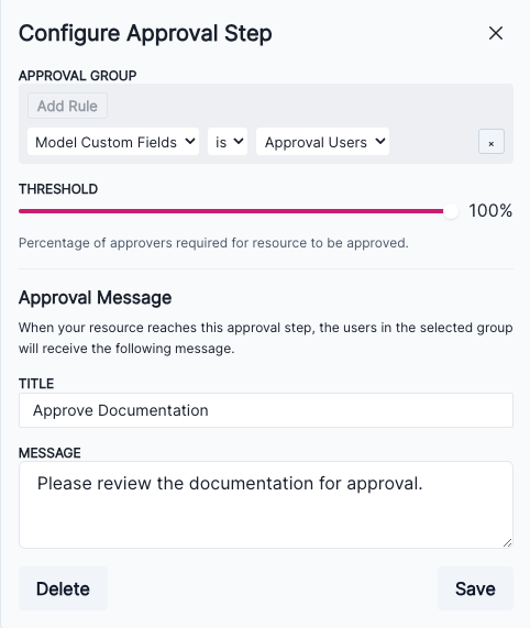 A screenshot showing an APPROVAL GROUP step configuration with a inventory field selection of Approval Users