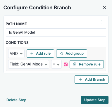 A screenshot showing a CONDITION BRANCH step configuration with condition of GenAI Model = `true`