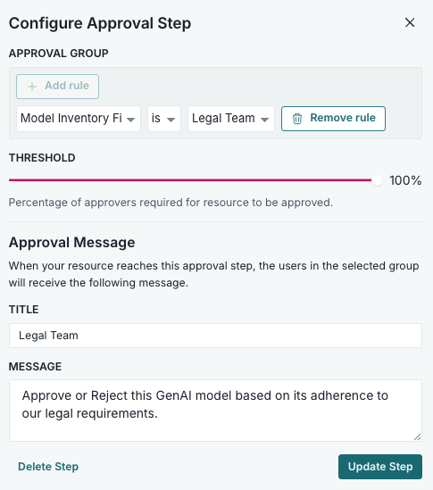 Screenshot showing the Legal team Approval step configuration