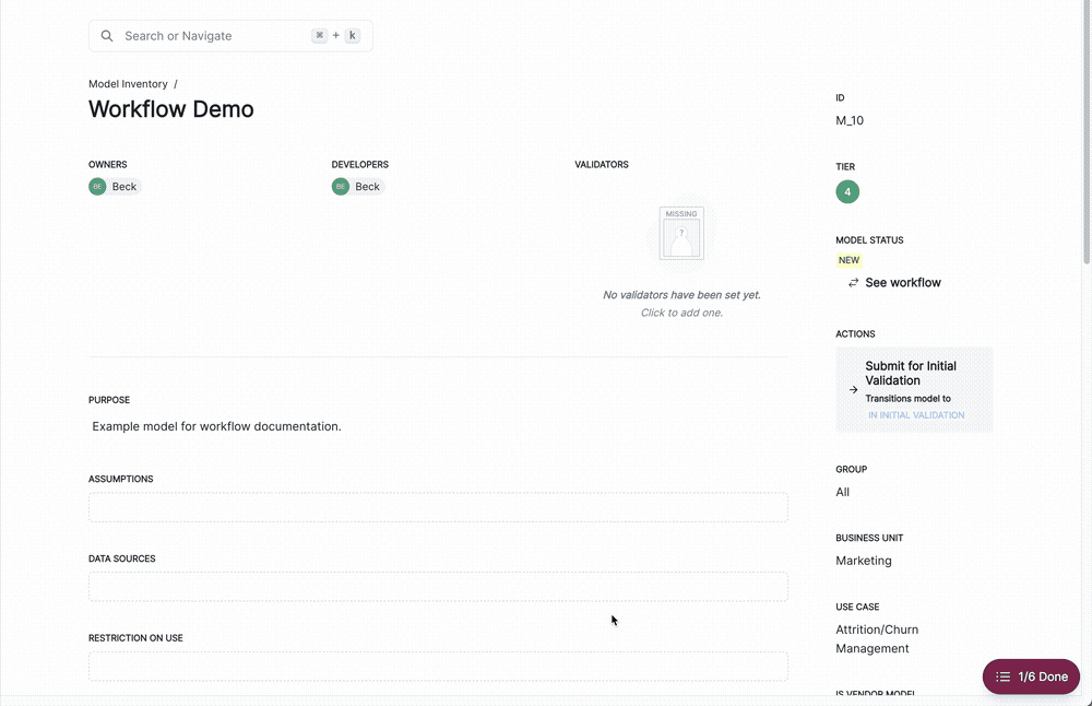 A gif showing transitioning a workflow status under the Actions section