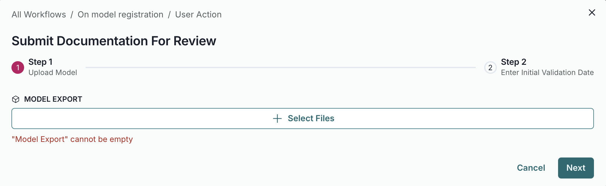 A screenshot showing an example User Action v2 submission panel requesting upload of a model export
