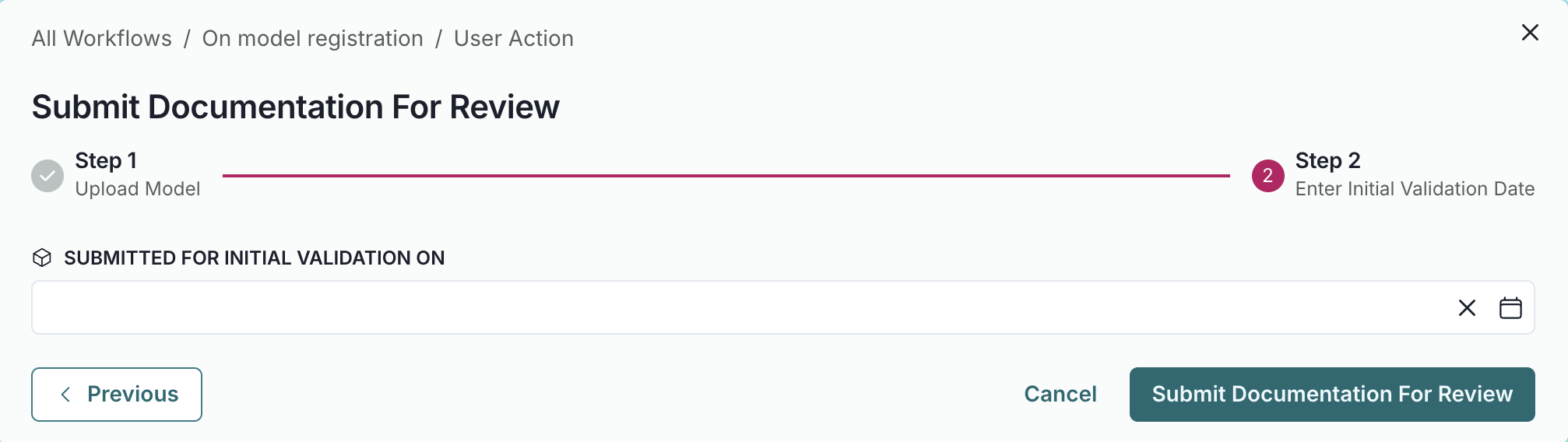 A screenshot showing an example User Action v2 submission panel requesting input of initial submission date