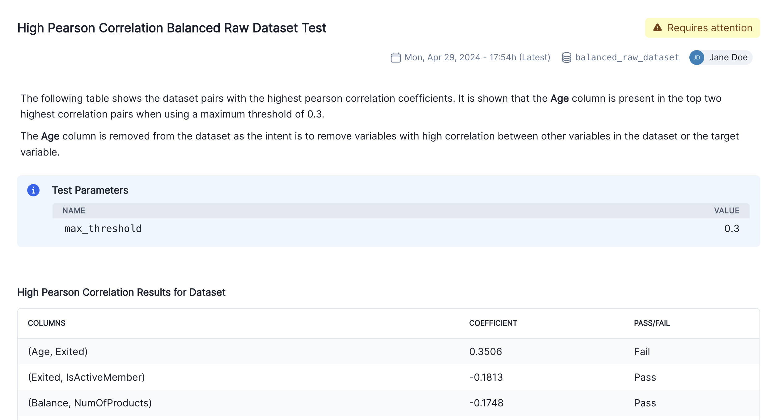 Screenshot showing the inserted High Pearson Correlation block