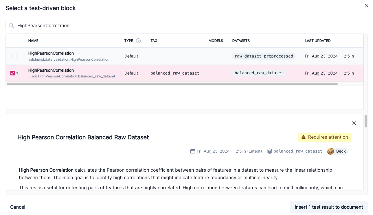 Screenshot showing the HighPearsonCorrelation test selected