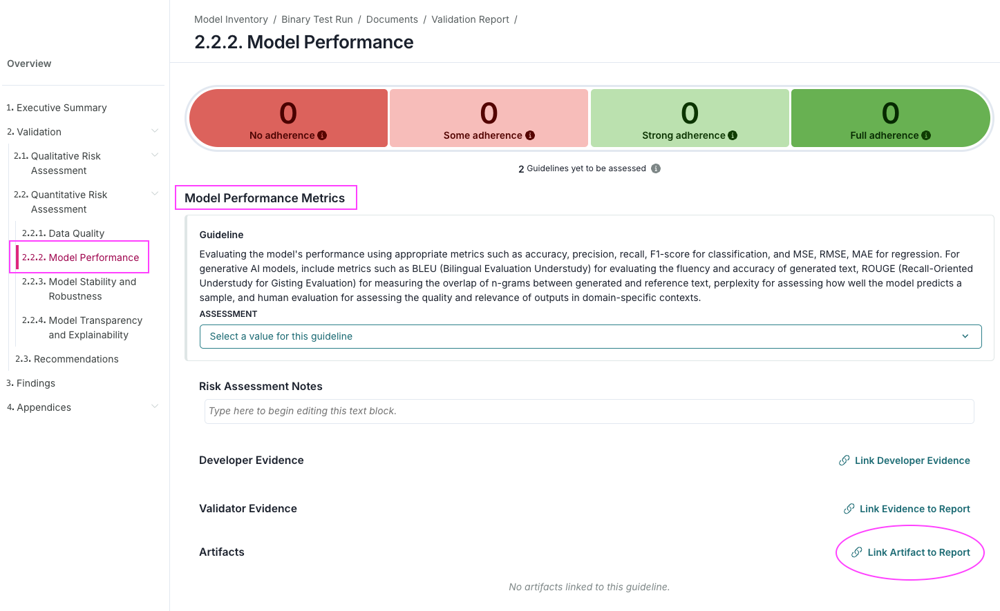 Screenshot showing the validation report with the link artifact option highlighted