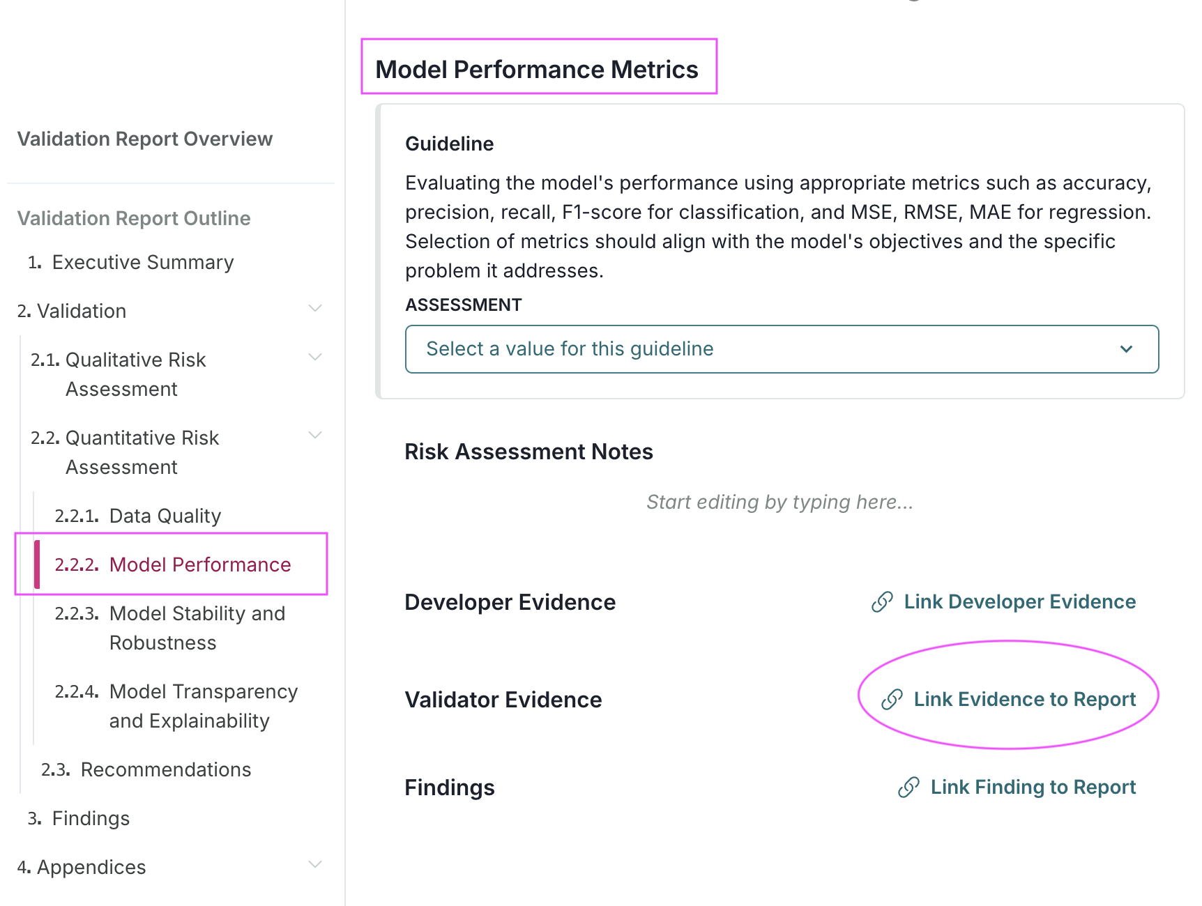 Screenshot showing the validation report with the link finding option highlighted