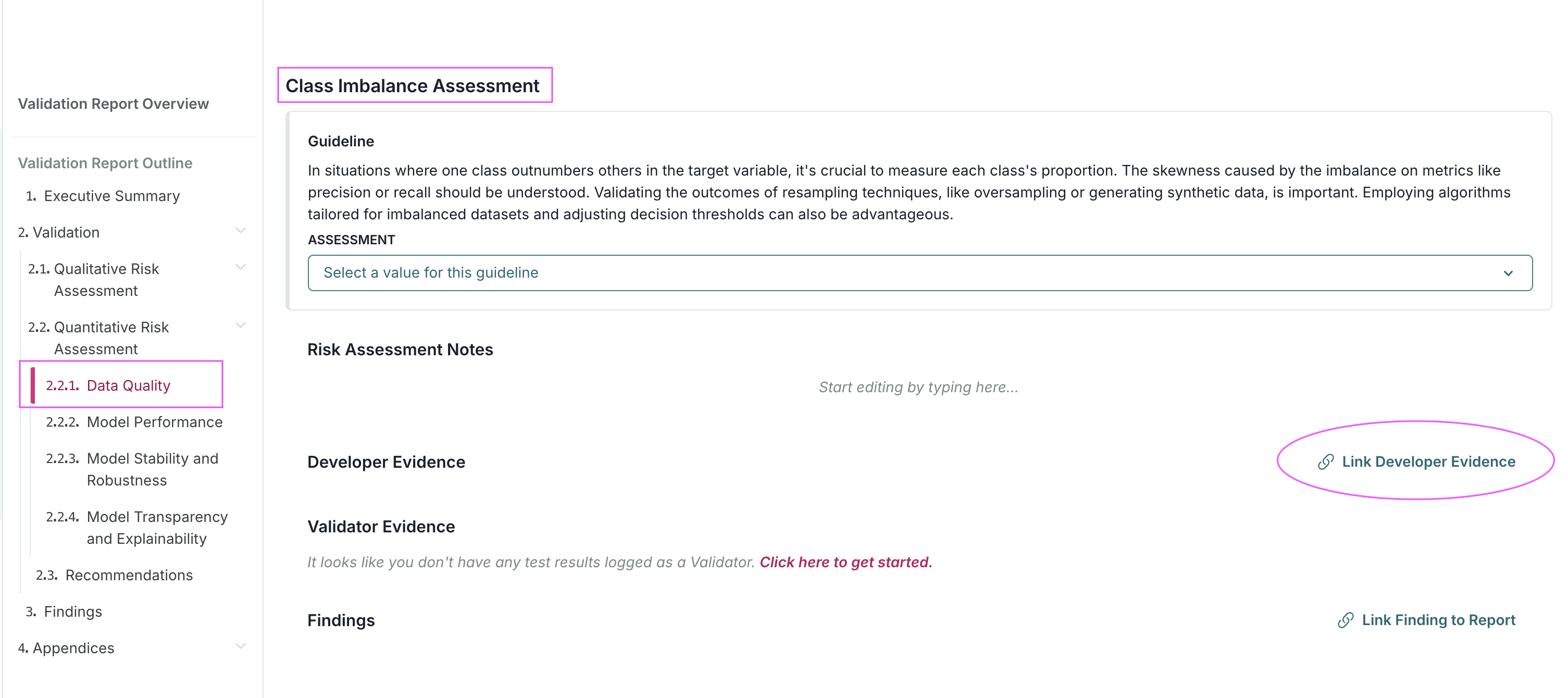Screenshot showing the validation report with the link validator evidence to report option highlighted