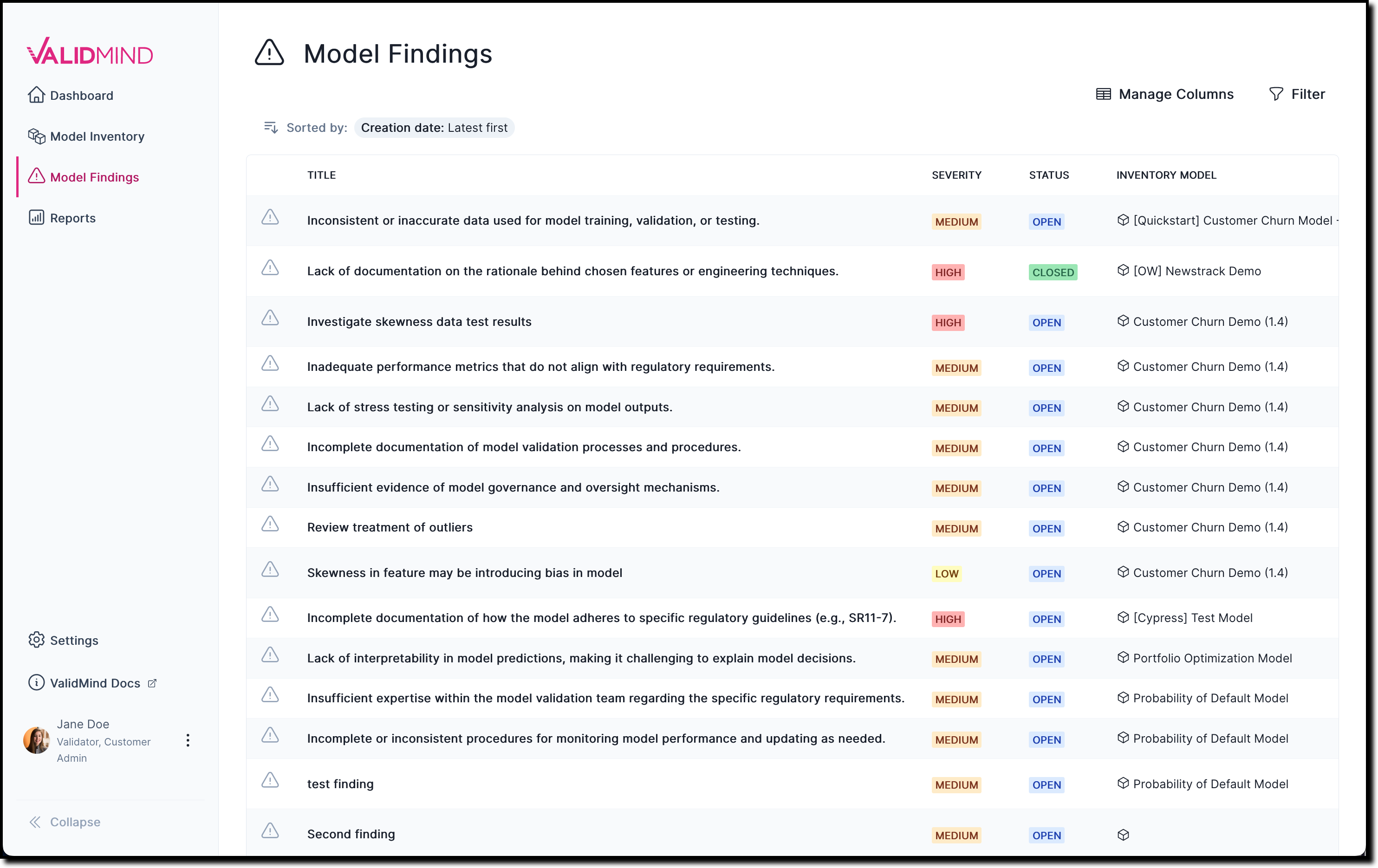 A screenshot of the new Model Findings page showing a table of findings that can be clicked on