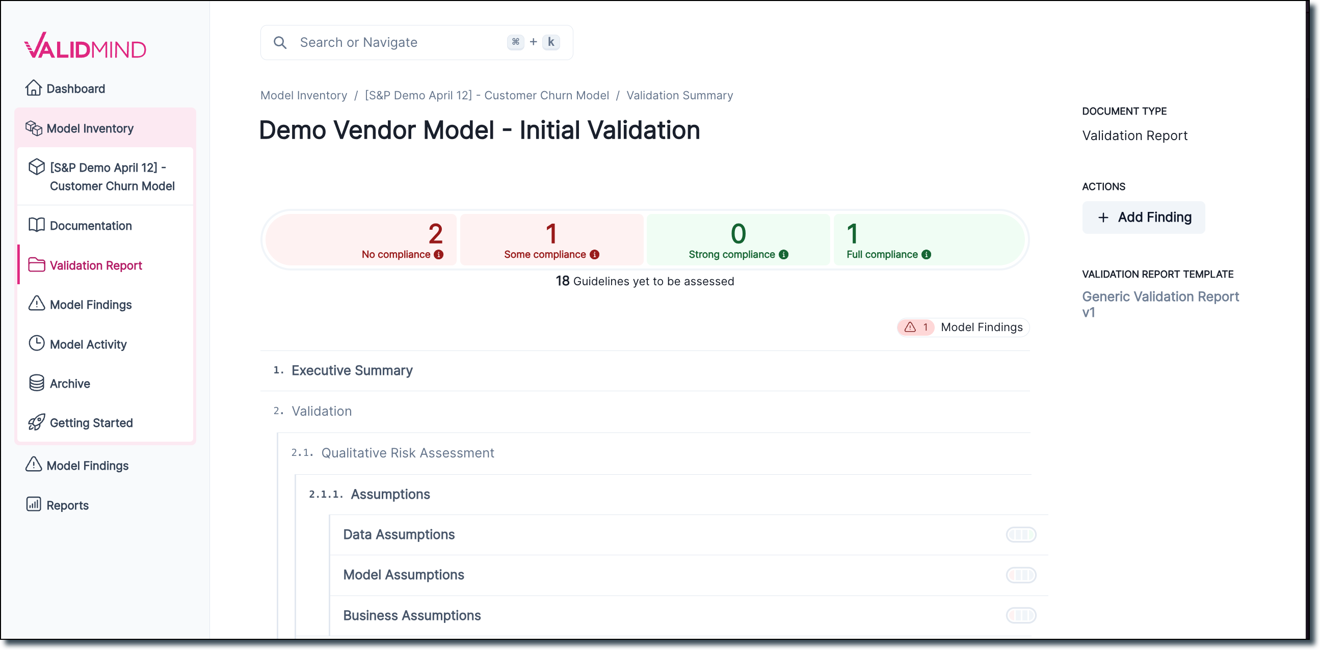 A screenshot showing the section-by-section outline of the validation report, along with a total compliance summary