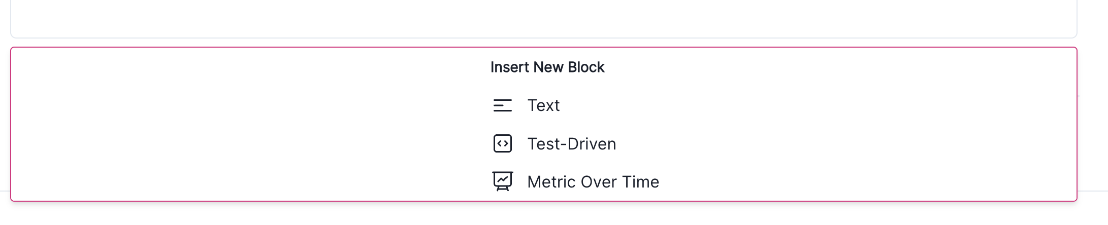 A screenshot of the ValidMind UI that shows the new Metric Over time option when adding a new block to model documentation