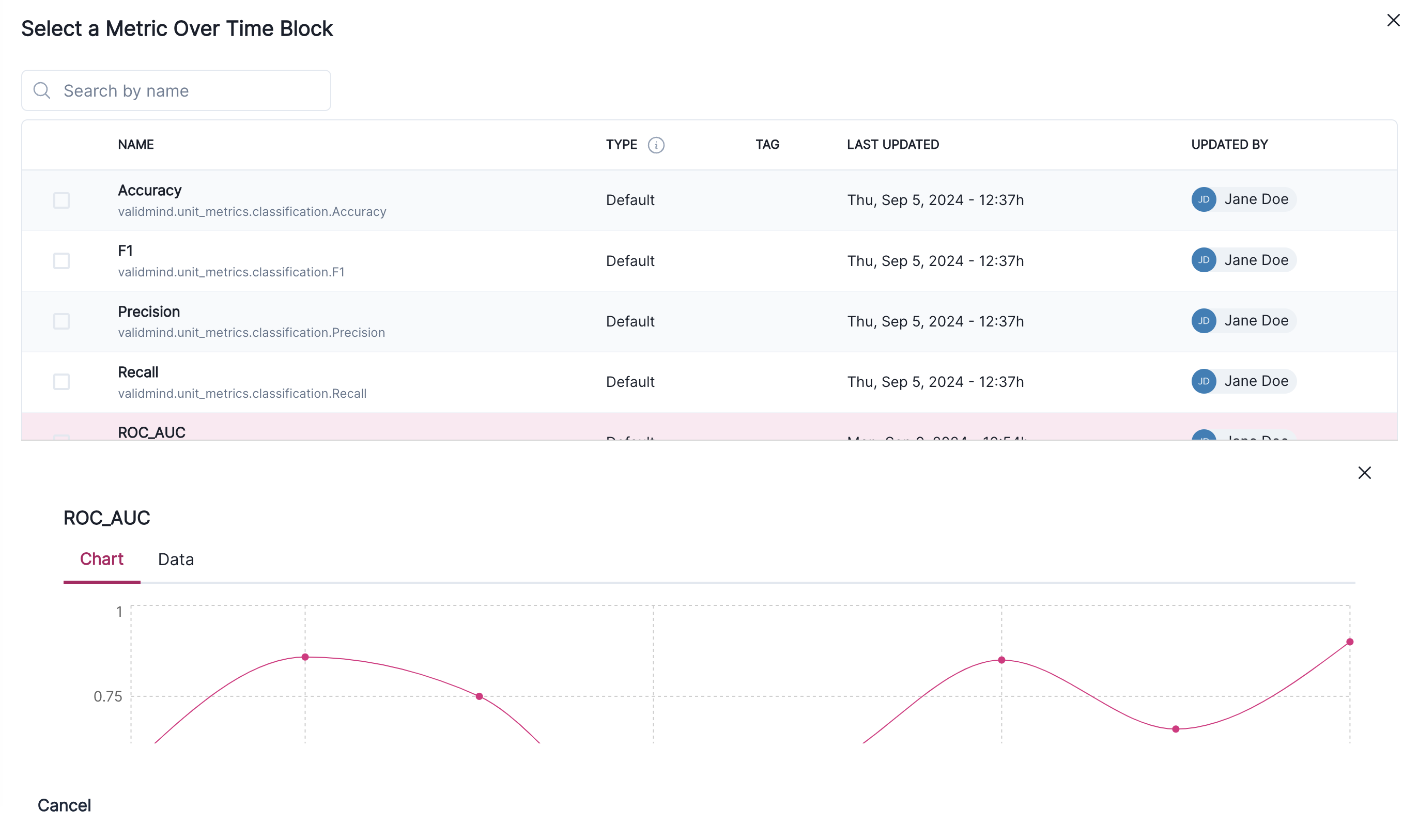 A screenshot of the ValidMind UI that shows the available blocks you can choose from when adding a new block to model documentation