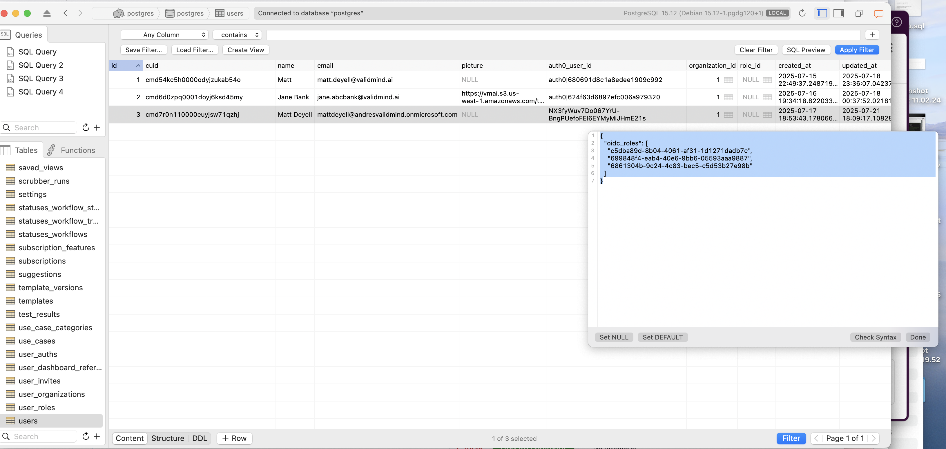 A database management interface displaying a table with columns labeled ID, Name, Email, Picture, Auth User ID, Organization ID, and Created At. The table contains three rows of data with visible values under each column. Above the table, there are tabs labeled Data, Columns, and Create View, with the Data tab currently selected. On the right side, a pop-up window shows a JSON object with keys and values, positioned over the table. The interface has a light gray background with a menu bar at the top, including options like File, Edit, and View.