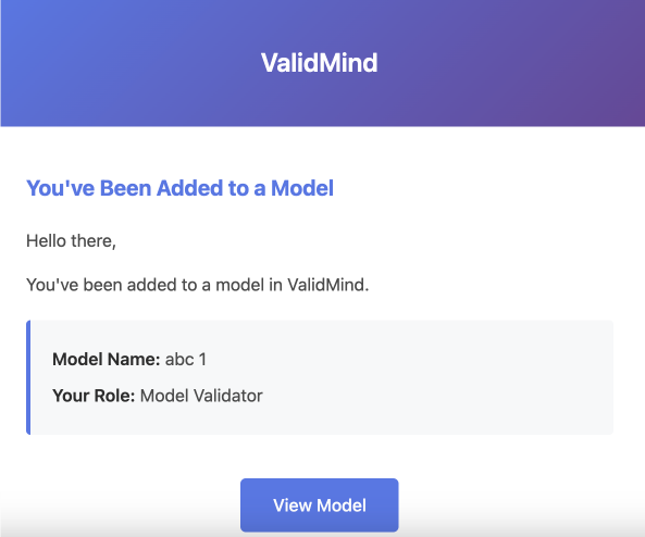 An email interface is displayed with a navigation bar at the top containing icons for search, refresh, and settings, along with a GitHub link. The left sidebar shows a section labeled Connected with a user named Jim and an option to enable a plugin. The main content area features an email from ValidMind with the subject New user Nate Shim added to model. The email body has a blue header titled ValidMind, followed by a message stating Youve Been Added to a Model and a greeting to the user. Below, it specifies Model Name: abc 1 and Your Role: Model Validator, with a blue View Model button at the bottom.