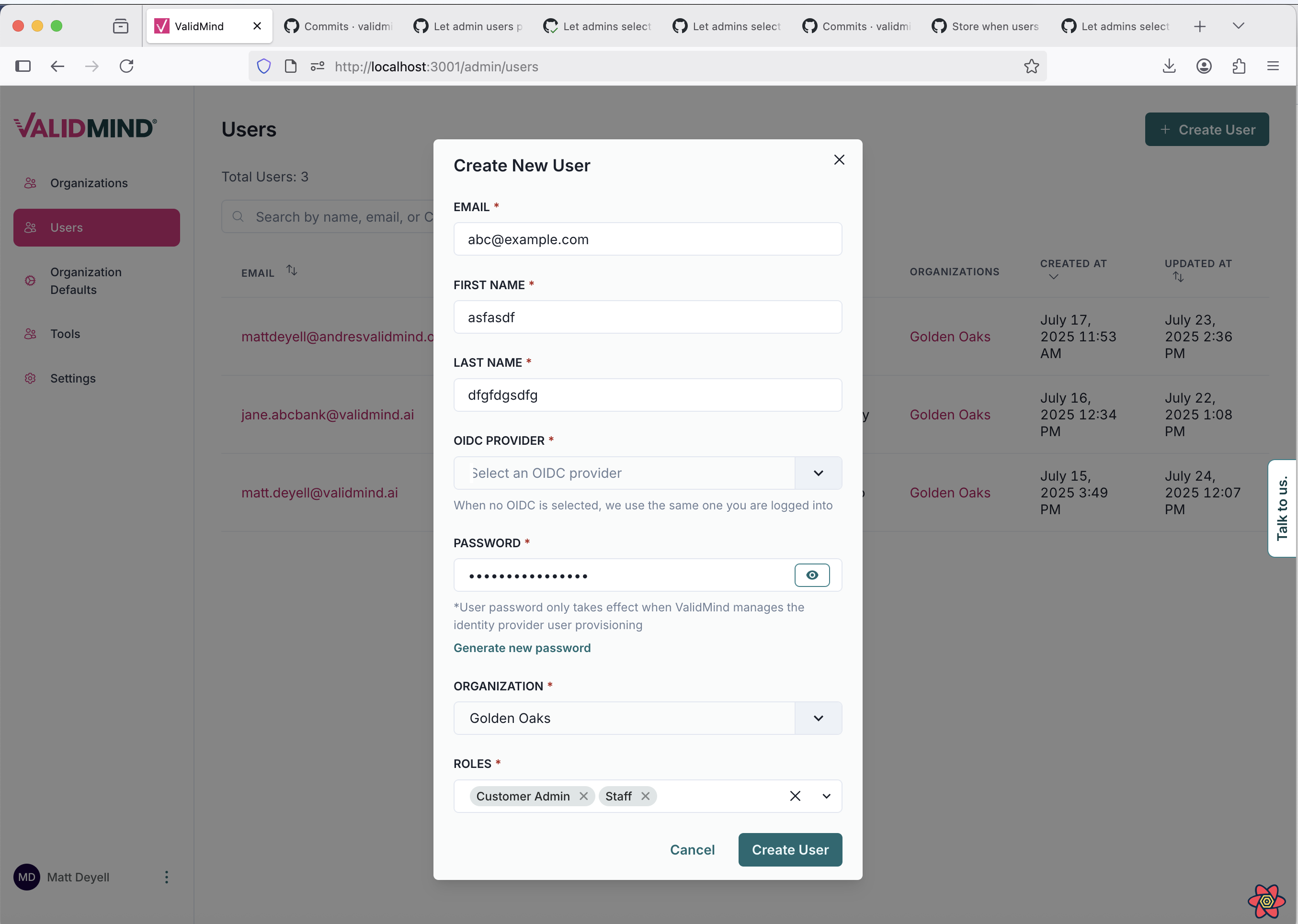 A web interface displaying a user management page titled Users with a sidebar on the left showing menu items including Organization, Defaults, and Users. The main section features a modal window titled Create New User with fields for Email, First Name, Last Name, OIDC Provider, and Password, each with corresponding input boxes. The OIDC Provider field includes a dropdown menu labeled Select an OIDC provider, and the Password field has a note indicating password requirements. Below the fields, there are dropdown menus for Organization and Roles, with options such as Golden Oaks and Customer Admin. A blue Create User button is located at the bottom right of the modal, and a table on the right lists existing users with details like email, organization, and roles.