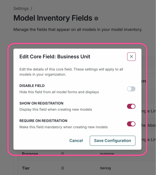 A screenshot of the Model Registration page with a customizable core field section. The section includes a dropdown menu for selecting the field type, a text input for the field name, and a checkbox for making the field required. The section also includes a button for adding a new field and a button for deleting the field.