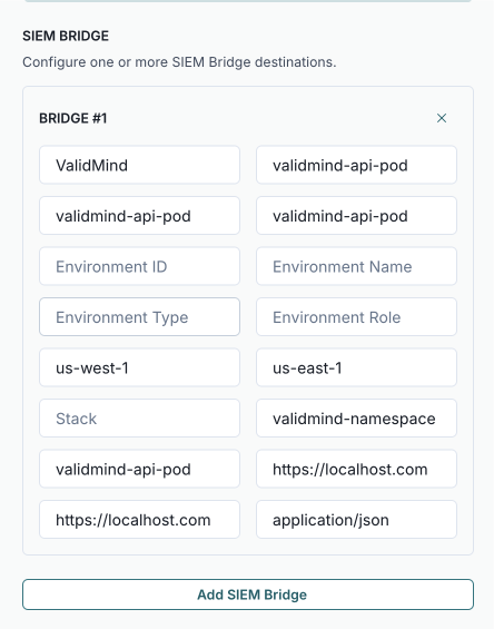 A web interface displaying an organization settings page with a sidebar on the left and a central modal window. The modal window titled Send Bridge shows configuration options for sending data to different destinations, featuring text fields with labels such as Bridge ID, Environment Type, and Environment Role, each filled with example values like validmind-api-prod and validmind-api-dev. Below the fields, there is an Add Send Bridge button, and at the bottom of the modal, there are Cancel and Update Organization buttons. The background shows sections like Organization Details, Roles, and Customer Admin with corresponding information and timestamps. The interface uses a clean layout with a white modal overlaying a darker background, emphasizing the modals content.