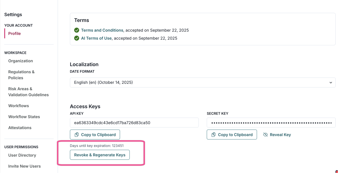 A web interface displaying a user profile settings page for ValidMind. On the left sidebar, there are navigation links including Dashboard, Projects, and Analytics, with Profile currently selected. The main content area shows a section titled Terms with green checkmarks indicating acceptance of Terms and Conditions and Terms of Use on September 22, 2025. Below, the Localization section includes a dropdown for date format set to English with a date of October 14, 2023. The Access Keys section displays an API key with options to Copy to Clipboard and a hidden Secret Key with a button to Reveal Key. A vertical feedback tab labeled Talk to Us is positioned on the right side of the page.