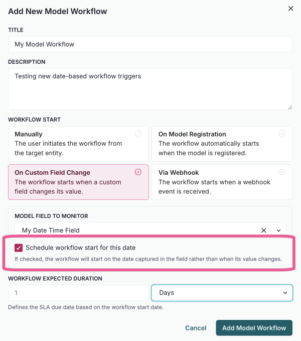 A screenshot of the workflow scheduling with date-based triggers.