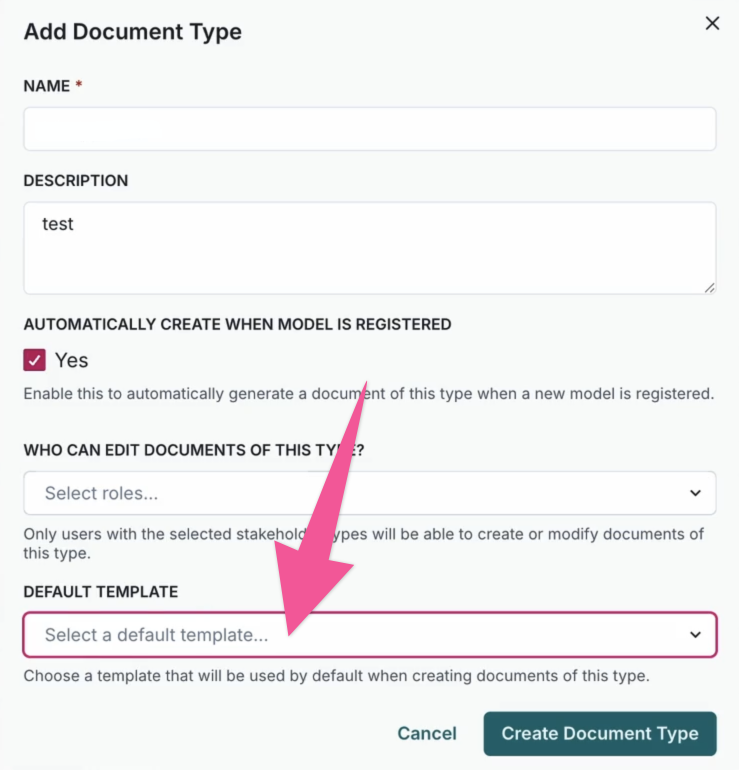 A screenshot of the Add Document Type modal with the Default Template dropdown menu highlighted.