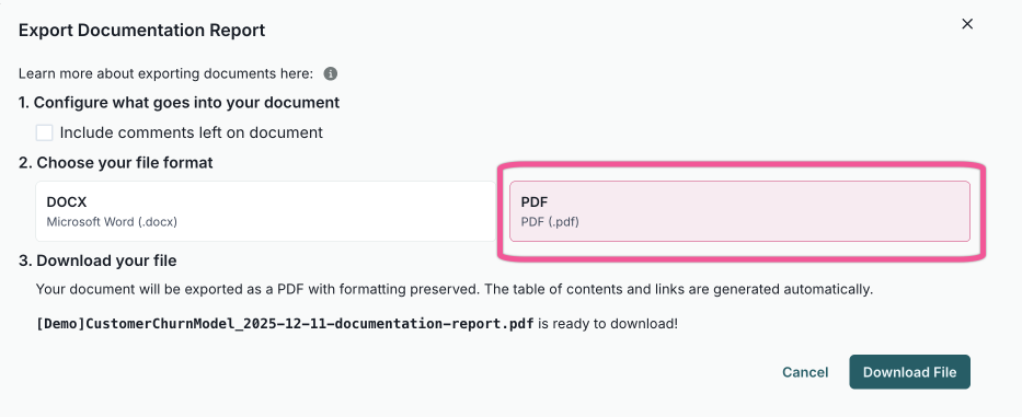 A screenshot of the ValidMind platform showing a report export dialog with options to export a single document as PDF. The dialog includes a dropdown menu to select the document type, a checkbox to include comments, and a button to download the exported document.