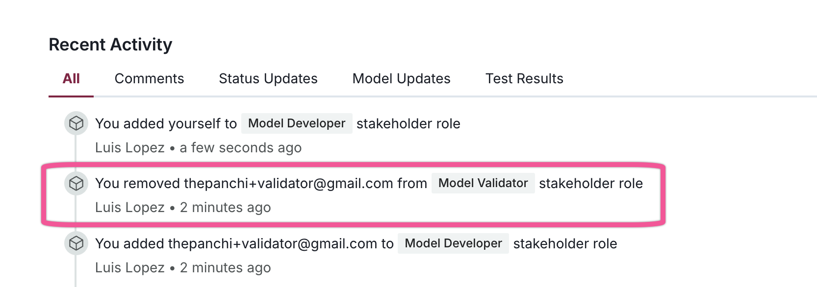 A recent activity log interface displays a list of actions with a vertical timeline on the left. The timeline has circular icons connected by a line, indicating the sequence of events. Each entry lists an action, such as adding or removing a user from a role, with details like the user's email and the role name. The entries are timestamped with relative times like 'a few seconds ago' and '2 minutes ago.' Tabs at the top allow filtering by All, Comments, Status Updates, Model Updates, and Test Results.