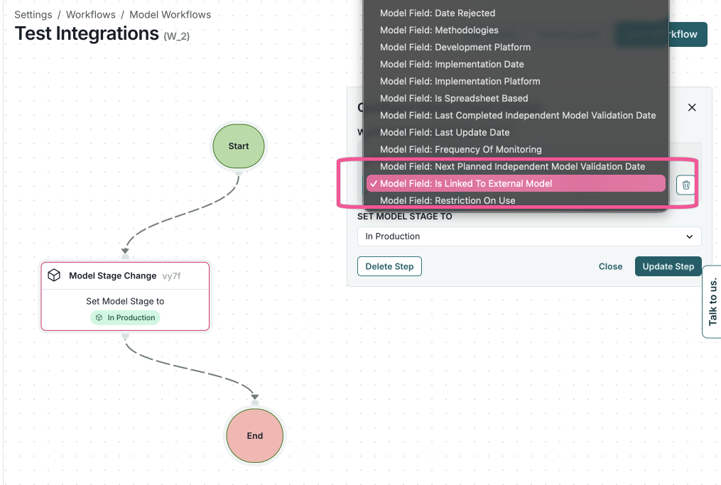 A workflow interface titled Test Integrations displays a flowchart with nodes and connecting lines. The flowchart includes two nodes: a white node labeled Model Stage Change with a pink border and a green node labeled End. A green arrow labeled Set Model Stage to In Production connects the two nodes. On the right, a dropdown menu is open, showing options such as Model Field: Base Rejected and Model Field: Is Linked To External Model, with the latter highlighted in pink. Below the dropdown, there are buttons labeled Delete Step, Close, and Update Step, with Update Step in blue.