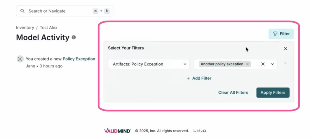 A screenshot showing the model activity page filtering.