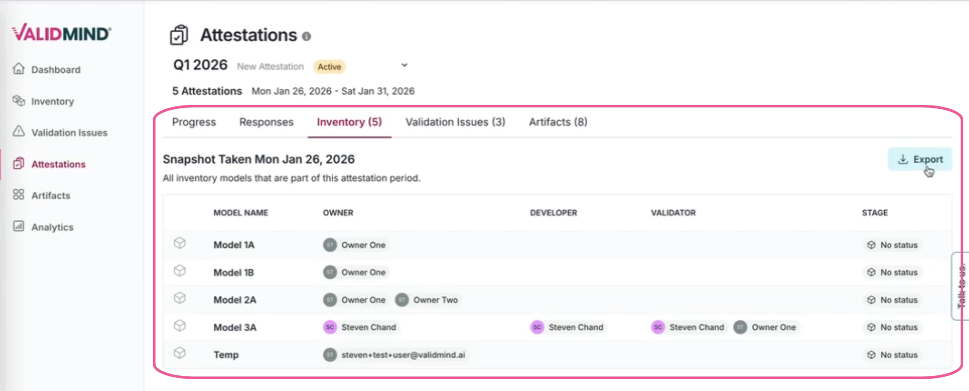 A screenshot of the ValidMind platform showing the models in scope for attestation submission.