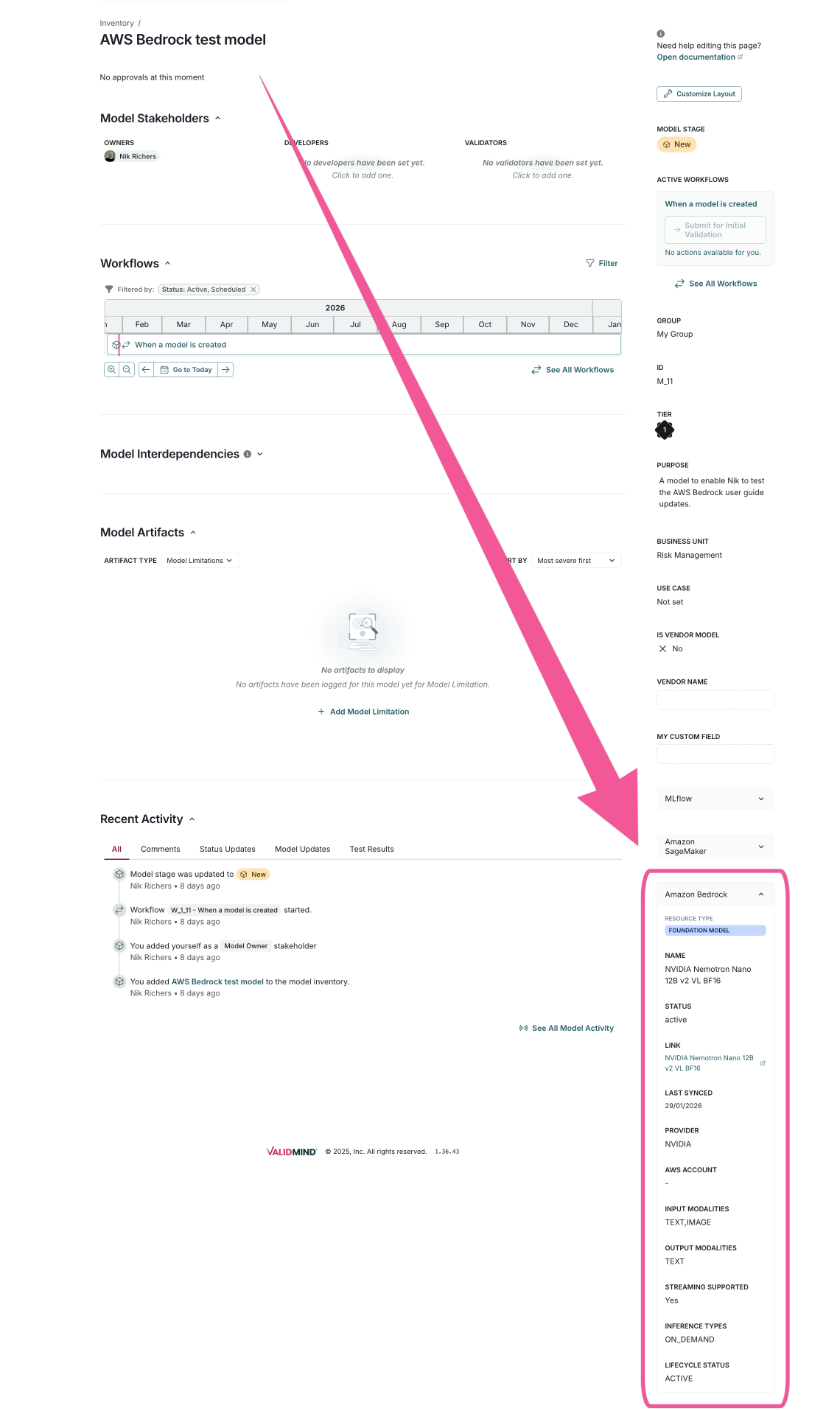 A screenshot of the AWS Bedrock model details page.