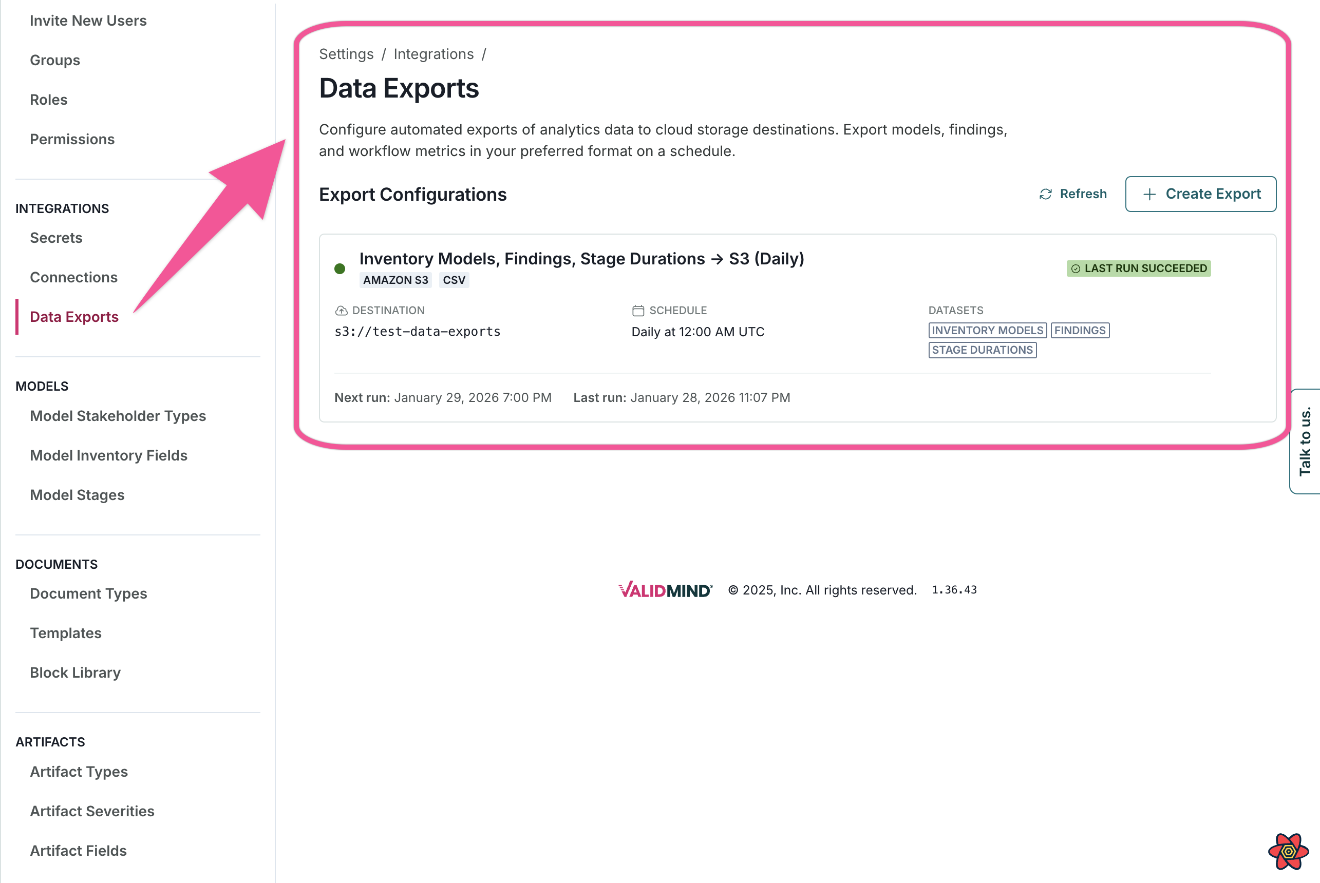 A configuration panel showing S3 bucket settings including bucket name, region selection, access key fields, and format options for scheduled analytics exports.