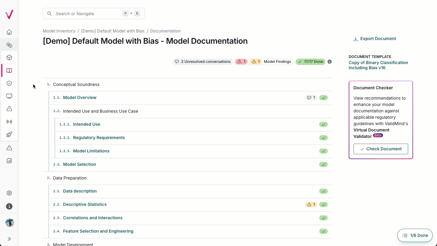 An animation of model documentation being scrolled through on the ValidMind Platform. The scrolling starts at the documentation overview and then expands the development documentation section